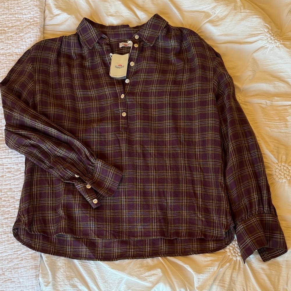 ✅NWT- Faherty brand  Purple Plaid Pullover Shirt w/6 buttons. Wms Medium. Soft!